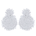 Detailed macro view of handmade white seed bead mandala earrings with double circle design - White