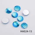 Detailed view of 16mm blue mermaid scale resin flatback cabochons with iridescent finish - Blue Holographic (HA024-15)