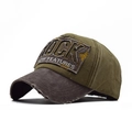 Detail of vintage washed cotton baseball cap with ROCK embroidery and distressed edges - Adjustable / Khaki (Army Green Crown/Brown Brim)