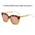 Women's cat eye sunglasses with yellow leopard tortoiseshell frame and gold chain temple - Yellow Leopard Frame Light Tea Lenses