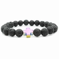 Natural black volcanic lava stone bead bracelet with a rainbow metallic cross charm - Rainbow Cross / Colorful