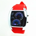 Racing dashboard style LED watch featuring silver case and red textured silicone strap - Silver Case Red Strap Blue LED