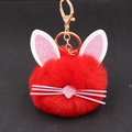 Detail of red plush kitten keychain featuring pink glitter ears and gold metal clip - Red