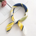Blue and yellow striped satin silk scarf tied in a knot on an elegant white background - 50*50CM / FX-72 Thick Thin Striped Yellow
