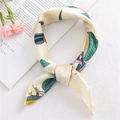 Elegant satin square scarf featuring colorful bird and leaf patterns on a cream background - 50*50CM / FX-78 Flying Bird Beige