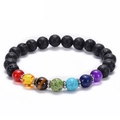 Black lava rock chakra bracelet with seven colorful gemstone beads on white background - Lava Rock Bracelet