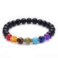 Detail of lava rock chakra bracelet with colorful energy beads and silver flower spacers - Matte Stone Bracelet