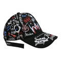 Detail of black baseball cap featuring multi-color hand-drawn street graffiti patterns - Black WH Graffiti