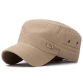 Khaki flat top military cap featuring vintage textured fabric and metal logo side detail - Adjustable / Beige