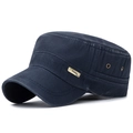 Navy blue distressed cotton flat top military cap with vintage metal logo plate - Adjustable / Navy Blue