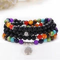 7 Chakra armband met zwarte matte kralen en zilveren levensboom bedel voor yoga - Levensboom Stijl - 108 Matte Steen