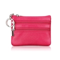 Rose red lychee leather coin purse with three zippers and a silver metal keychain - Rose Red