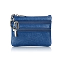 Dark blue genuine leather coin purse with three zipper pockets and silver keychain - Blue