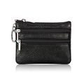Black pebbled leather coin purse with three zipper pockets and silver keychain ring - Black