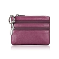 Dark purple genuine leather coin purse with three zippers and a keychain ring - Purple