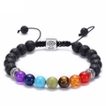 Detail view of chakra lava stone bracelet with adjustable cord and tree of life charm - Silver (Tree of Life)