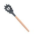 Dark grey silicone spaghetti server with wooden handle and hanging hole for storage - Pasta Server