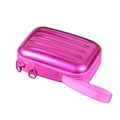 Close-up of a rose pink rectangular hard shell storage case with ribbed texture and zipper - Rose Red