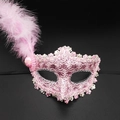 Elegant pink lace masquerade mask with feathers and silver sequins for costume parties - Top Hat Feather Pink