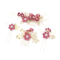 Détails de parure de mariée avec fleurs roses, feuilles dorées et perles blanches - Rose Rouge