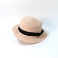 Summer straw boater hat for women with a black ribbon bow in a light brown weave - Pink