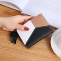 Short minimalist tri-color patchwork leather wallet for women with tassel zipper accessory - Black