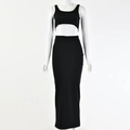 Detailweergave van tweedelige zwarte dameskit met mouwloze crop top en maxi-rok met hoge taille - XL / Zwart