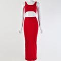 Detailed texture of red knitted sleeveless crop top and high waist slim fit maxi skirt - S / Red