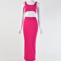 Close-up of bright pink ribbed knit two-piece set featuring crop top and maxi skirt - S / Rose Red