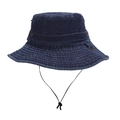 Detail of washed navy cotton bucket hat featuring metal eyelets and adjustable wind cord - M (56-58cm) / Navy Blue