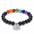 Chakra Lava Stone Healing Bracelet with Seven Colorful Beads and Om Lotus Charm - Om Symbol Chakra Design