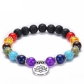 Chakra lava stone bracelet with colorful natural beads and silver lotus flower charm - Lotus Pendant