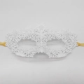 Elegant white lace masquerade mask for women with gold satin ribbons on a grey backdrop - Six-Petal Flower Style / White
