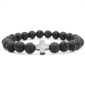 Black volcanic stone beaded bracelet with silver-gray cross charm on white background - Silver Black Cross / Black