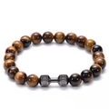 Tiger eye stone beaded bracelet with dumbbell metal charm featuring LIVE and LIFT engraving - Tiger's Eye