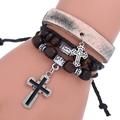 Multi-layer leather bracelet with wooden beads and metal cross charms on wrist - Retro Khaki