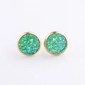 Close-up of 10mm green mineral druzy studs with gold plated stainless steel frames - Green Sparkle (2)