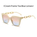 Chic cream frame square sunglasses with tea-blue gradient lenses and gold chain temples - Beige Frame Brown Blue Lens