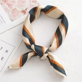 Satin square scarf with green, orange and beige diagonal stripes on white surface - 50*50CM / FX-70 Striped Khaki Brown