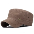Distressed dark brown flat top military cap with metal brand plate and ventilation eyelets - Adjustable / Brown
