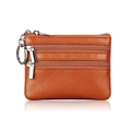 Brown genuine leather coin purse with triple zippers and lychee grain texture - Brown