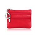 Red lychee grain leather coin purse with three zipper pockets and key ring accessory - Red