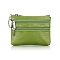 Grass green pebble grain leather coin purse with four zipper pockets and silver keychain - Green