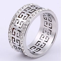 Silver wide band titanium steel ring featuring double row zircons and geometric cutouts - US 6 / Silver