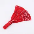 Detail of red paisley cotton headband featuring elastic band and boho floral print - Red