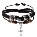 Men's punk braided leather bracelet with wooden beads and silver cross pendant - Cross Wood Beads Style / Black