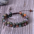 Multicolor faceted agate bead woven double-layer bracelet with adjustable brown cord - India Agate
