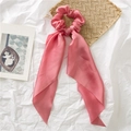 Pink satin hair scrunchie with long ribbons featuring smooth silk-like glossy finish - Pink