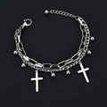 Double-layered stainless steel chain bracelet with cross pendants on black background - Silver Color Double Layer Cross