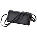 Detail of black lychee grain leather crossbody bag with dual gold zippers and smooth texture - Black